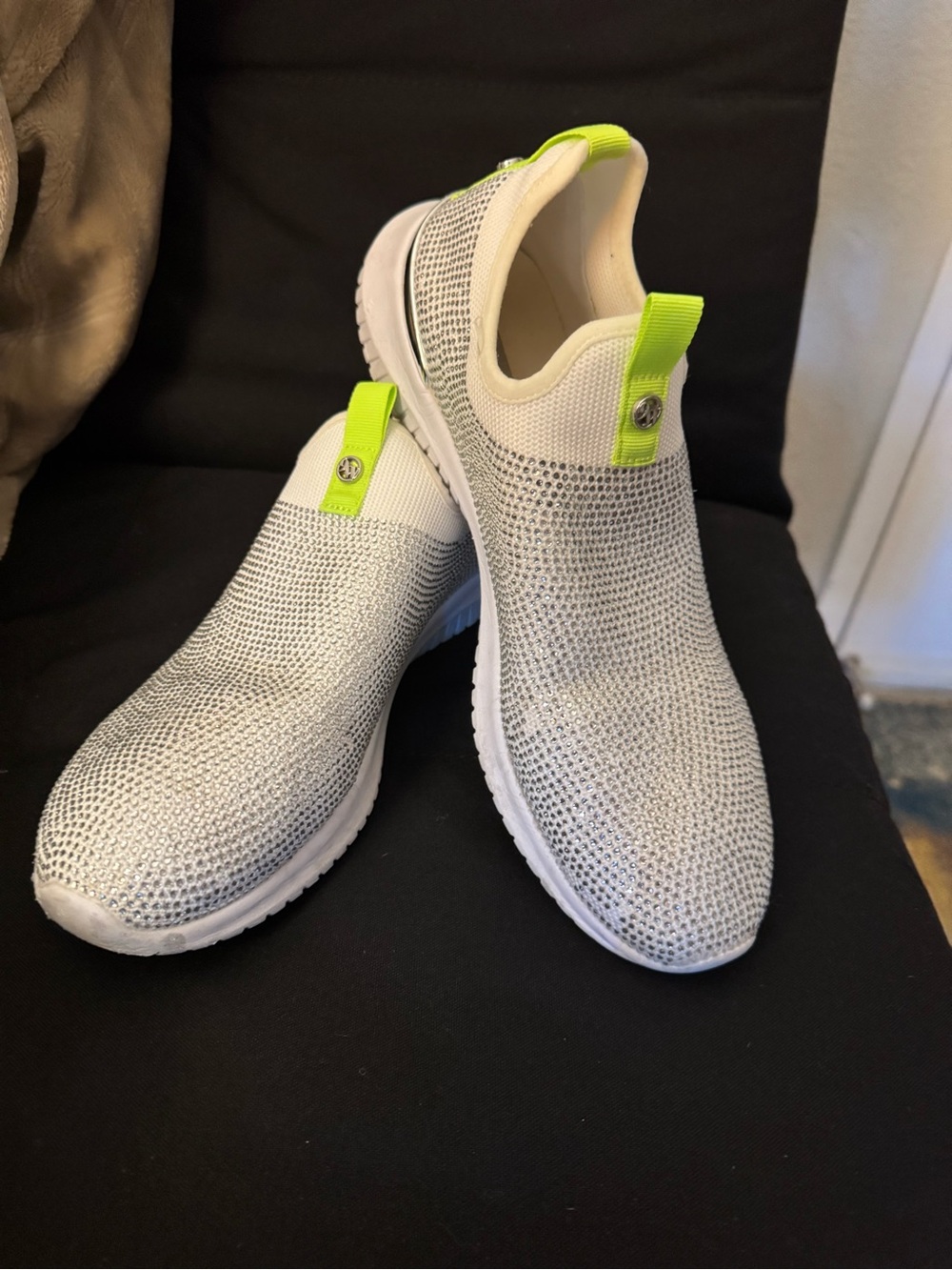 Nine West White Knit Slip-On Sneakers with Neon Yellow Tabs
